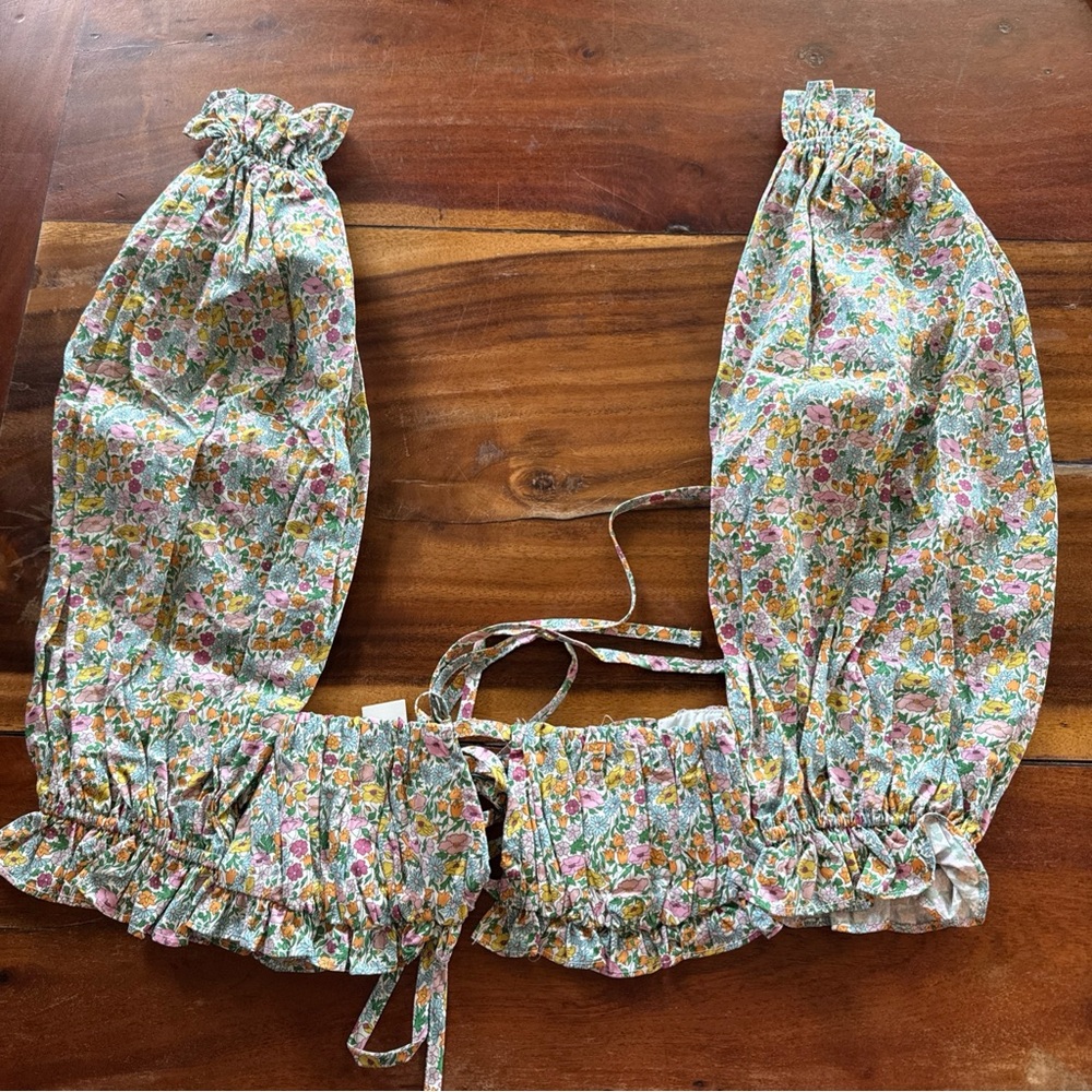 New FOR LOVE & LEMONS RALEIGH Green Floral Crop Top Puff Sleeves XS - Picture 3 of 8